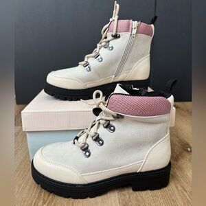 Girl’s Faux Suede Cream Pink Side Zip Combat Boots by So Style Kami Size 2